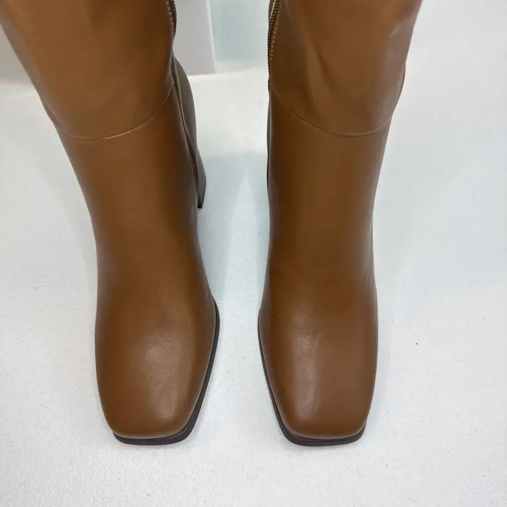 Ankis Tall Boots Womens Size 9.5 Brown Faux Leather Square Toe Chunky Heel